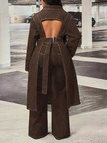 Slaydiva Plus Size Women's Non-Stretch Denim Long Jacket With Hollow Back Design, Cowboy Outfits For Women - Coffee Brown - View 1