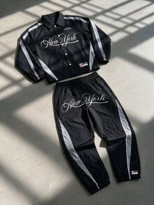 SHEIN 兒童青少年男孩休閒時尚酷炫賽車運動風拼色字母印花長袖連帽舒適外套與長褲兩件套，適合秋冬穿著 - 黑色 - 查看 5