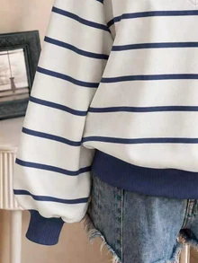 SHEIN Plus Size Women V-Neck Striped Casual Daily Wear Sweatshirt - Multicolor - View 3