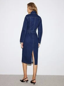 ATUI Studio Women's Stand Collar Long Sleeve Pocket Slim Fit Elegant Denim Dress - Blue - View 4