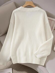 SHEIN Teen Girl Teen Girls Cardigans Autumn/Winter Casual Loose White Solid Color Ribbed V-Neck Open Front - White - View 2