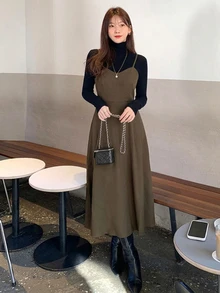 DAZY Solid Color Fitted Waist Flare Strap Dress Elegant Vacation Korean Style Spring Autumn Long Dress For Women - Brown - View 4