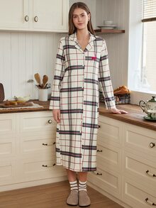 Doze Lane Ribbed Plaid Holiday Women's Robe With Deer Embroidery Loungewear Long Robe - Apricot - View 3