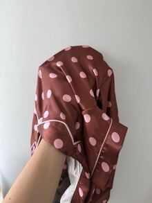 ZzzCrew HELLO KITTY AND FRIENDS | SHEIN Collaboration Cute Cartoon Polka Dot Print Lapel Faux Silk Pajama Set - Brown - View 7