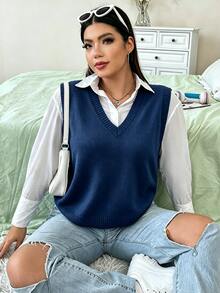Flirla 大尺碼女款素色休閒百搭日常針織背心 - 寶藍色 - 查看 3