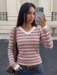 SHEIN 青少年女孩極簡純色V領長袖套頭毛衣，休閒日常穿著，秋冬長袖上衣，學院風V領長袖毛衣，復古V領毛衣，返校穿搭 - 粉色 - 查看 4