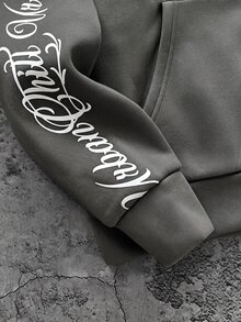 SHEIN Teen Boys' Grey Oversized Letter Floral Autumn Sweatshirt, Zip Up Urban Graphic Sweatshirt, Streetwear, Winter, Black, Graduation, Grey-To-School - Dark Grey - View 5