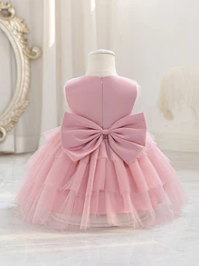 SHEIN Glamorique Kids 女嬰蝴蝶3D裝飾薄紗蛋糕裙，粉色夏季可愛優雅花童裙，適合婚禮與生日 - 藕粉色 - 查看 2