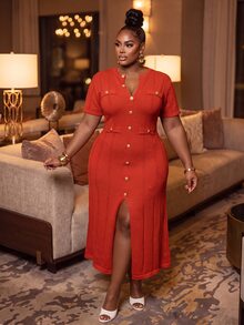 Slaydiva Plus Size Button Front Slit Midi Knit Dress, Short Sleeve Bodycon Elegant Dress - Red - View 7