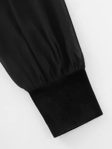 Balvessa Black High Neck Velvet & Chiffon Patchwork Long Sleeve Women's Commuter Blouse - Black - View 5