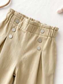LMoss Kids Baby Girl Ruffle Waist Button Design Casual Denim Loose Long Pants - Khaki - View 6