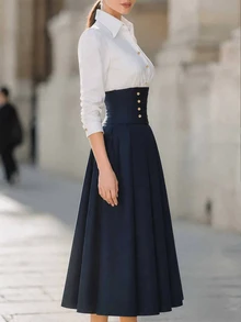 SHEIN Women's Fall Winter Color Block Midi Dress Collared Puff Long Sleeve Corset Gold Button Pleated A Line Elegant Office Dress - Navy Blue - View 3