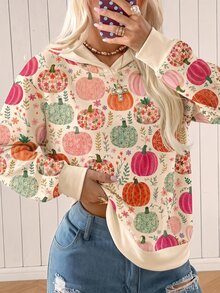 SHEIN EZwear 女款萬聖節南瓜圖案長袖圓領套頭運動衫，秋冬日用休閒可愛米色 - 彩色 - 查看 1