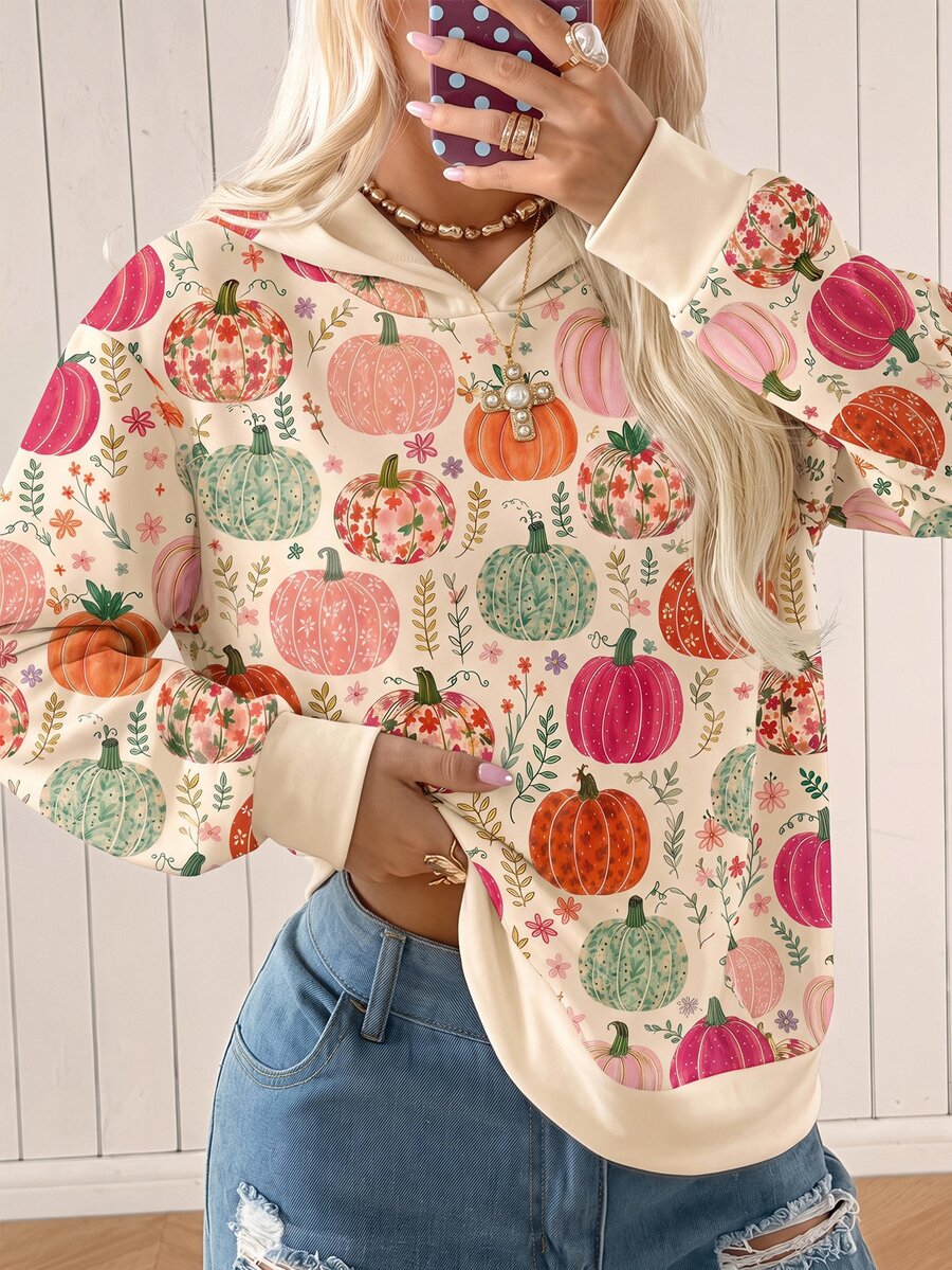 SHEIN EZwear 女款萬聖節南瓜圖案長袖圓領套頭運動衫,秋冬日用休閒可愛米色 - 彩色 - 查看 1