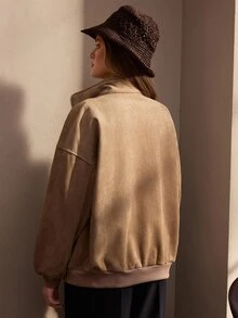 Nima Coro Women's Solid Color Drop Shoulder Long Sleeve Zipper Front Casual Jacket - Khaki - View 2