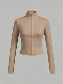 SHEIN EZwear 3件裝休閒極簡風棕色卡其米色針織拉鍊長袖女款T恤，適合秋冬穿著 - 彩色 - 查看 12
