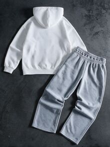 SHEIN 2件組兒童青少年男孩休閒極簡秋季新款Y2K嘻哈風酷英文字母圖案寬鬆連帽衛衣與長款喇叭褲套裝，適合秋冬穿著 - 灰色 - 查看 3
