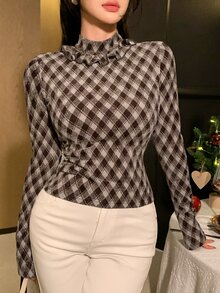 DAZY Women's Plaid Stand Collar Long Sleeve Patchwork Ruffle Fashion Blouse - Brown - View 4