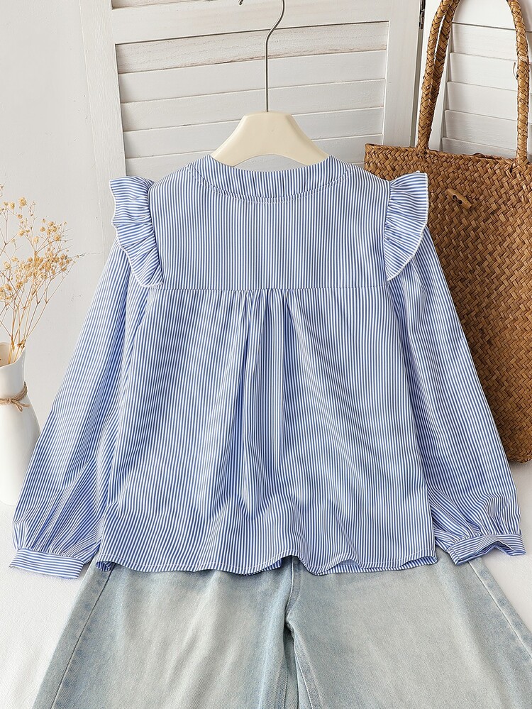 SHEIN Tween Girls Striped Back To School Ruffle Collar Puff Sleeve Button-Front Blouse With 3D Bow Decor - Blue - View 2
