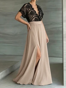 Weeklong Plus Size Women Spring Summer Lace Patchwork Contrast Color Waist-Cinching A-Line Casual Vacation Dress - Khaki - View 5