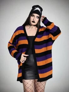 SHEIN CURVE+ 大尺碼哥德龐克風萬聖節多色條紋羊毛針織開襟衫，女款秋冬針織衫 - 彩色 - 查看 5