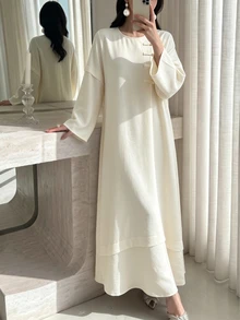 Yasmyna Women's Chinese Style Frog Button Solid Color Round Neck Loose Long Sleeve Dress, Arabic Muslim Abaya - Apricot - View 4