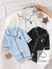 SHEIN 1 Pack Autumn/Winter Newborn Home Jumpsuit Pajamas, Cartoon Knight Embroidery Pattern With Contrast Color Piping, White Cotton Double-Layer Crepe Fabric Soft And Comfortable, Best Gift For Newborns - White - View 2