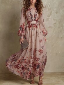 LUMIGAL 復古時尚花卉印花優雅修身A字收腰通勤女裝洋裝 - 彩色 - 查看 6