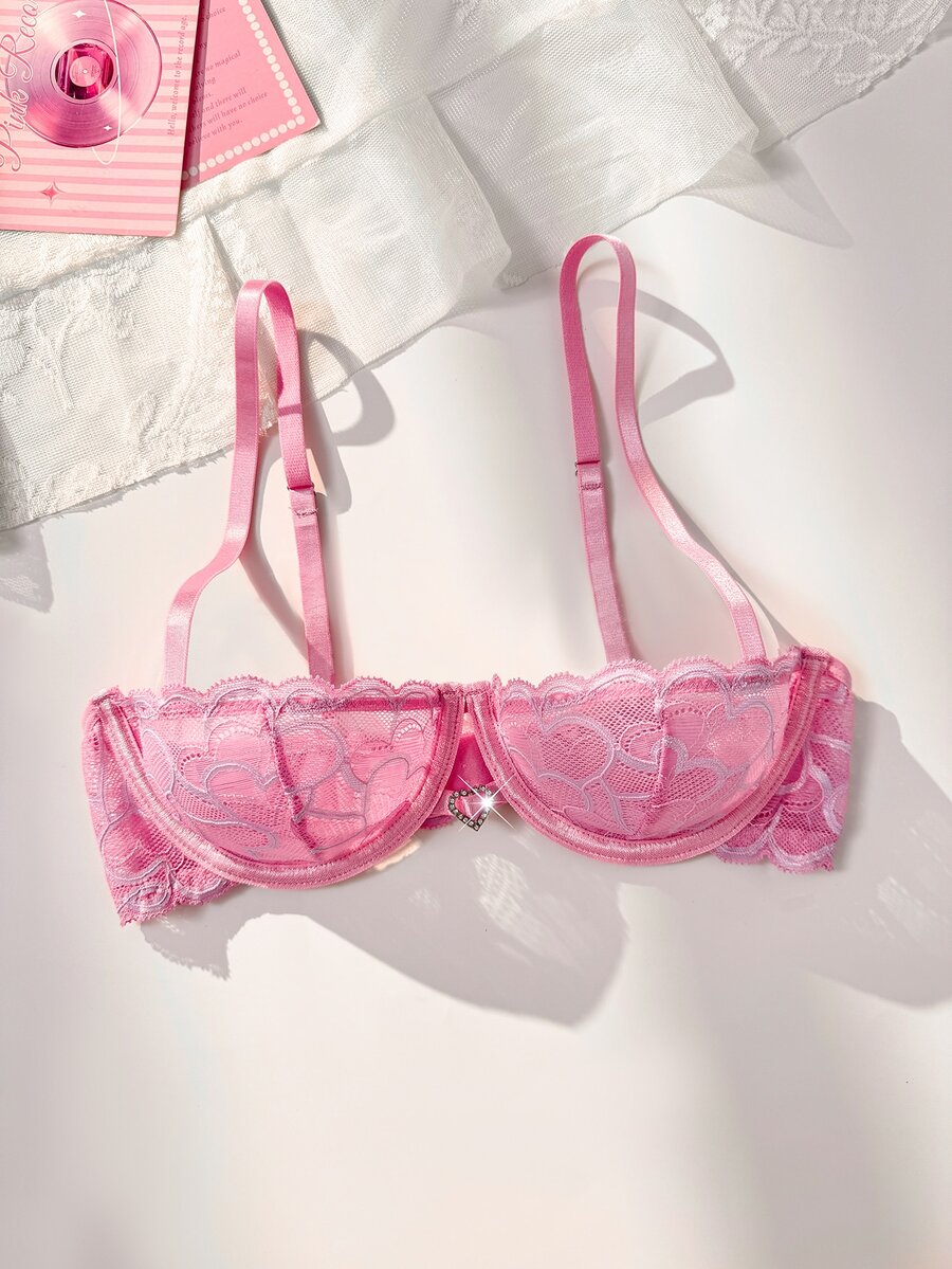 PetitDoll 1pc Pink Underwire Lace Bra, Sexy Style For Women - Pink - View 1