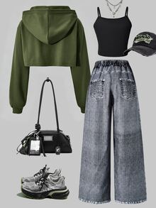 SHEIN ChillGRL Streecool 童裝休閒學院風青少年女孩寬鬆街頭風丹寧效果長褲、連帽衛衣、秋季套裝、修身細肩帶背心上衣 - 軍綠色 - 查看 2