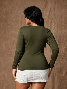 Rustia Plus Size Minimalist Sexy Style Eyelet Lace-Up Decor Long Sleeve T-Shirt - Army Green - View 2