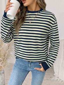 SHEIN LUNE Women's Striped Color-Block Sweatshirt,Fall Clothes For Women,Winter Clothes, Homecoming,Y2K,Casual - White - View 5