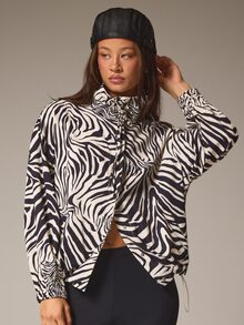 Athîral Jaket Kasual Longgar Lengan Panjang Wanita Motif Zebra dengan Kerah Corong, Cocok untuk Musim Gugur dan Musim Dingin, untuk Jalan-jalan, Tali Serut di Bagian Bawah, Saku Samping, Gaya Jalanan Vintage Longgar - MultiWarna - View 1