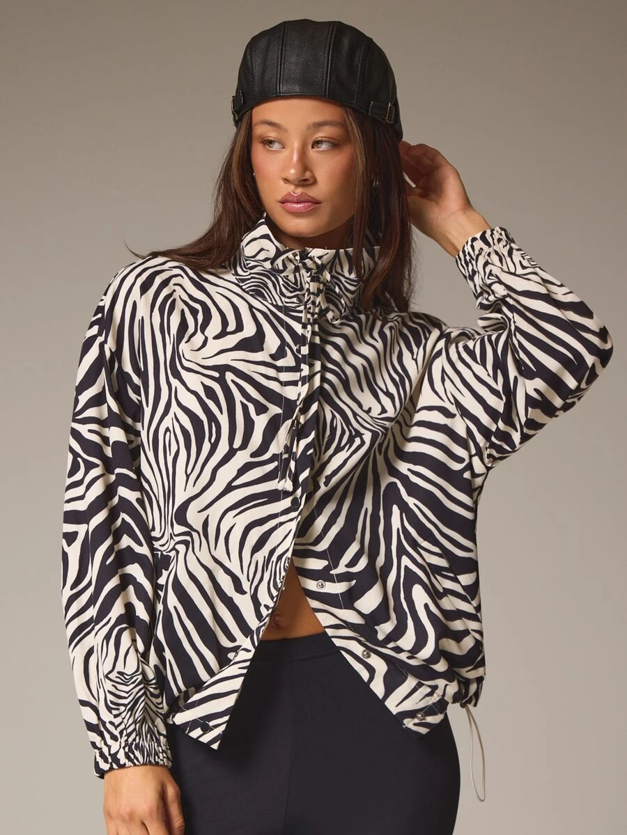 Athîral Jaket Kasual Longgar Lengan Panjang Wanita Motif Zebra dengan Kerah Corong, Cocok untuk Musim Gugur dan Musim Dingin, untuk Jalan-jalan, Tali Serut di Bagian Bawah, Saku Samping, Gaya Jalanan Vintage Longgar - MultiWarna - View 1