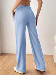 SHEIN EZwear 女款素色直筒西裝長褲 秋冬款 - 藍色 - 查看 2