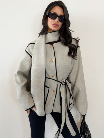 Firerie Women's Casual Elegant Contrast Color Decor Belt Thin Edge Floral Tweed Light Apricot Wool Long Sleeve Jacket, Includes Scarf, Floral Tweed Jacket, Contrast Color Thin Edge Jacket