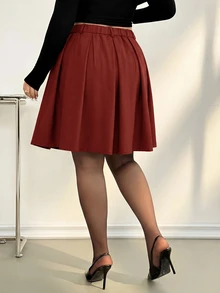 Auralis 春秋新款女款辦公正式百褶中長裙，巧克力棕格紋，優雅通勤風，大尺碼返校秋季款 - 紅色 - 查看 3