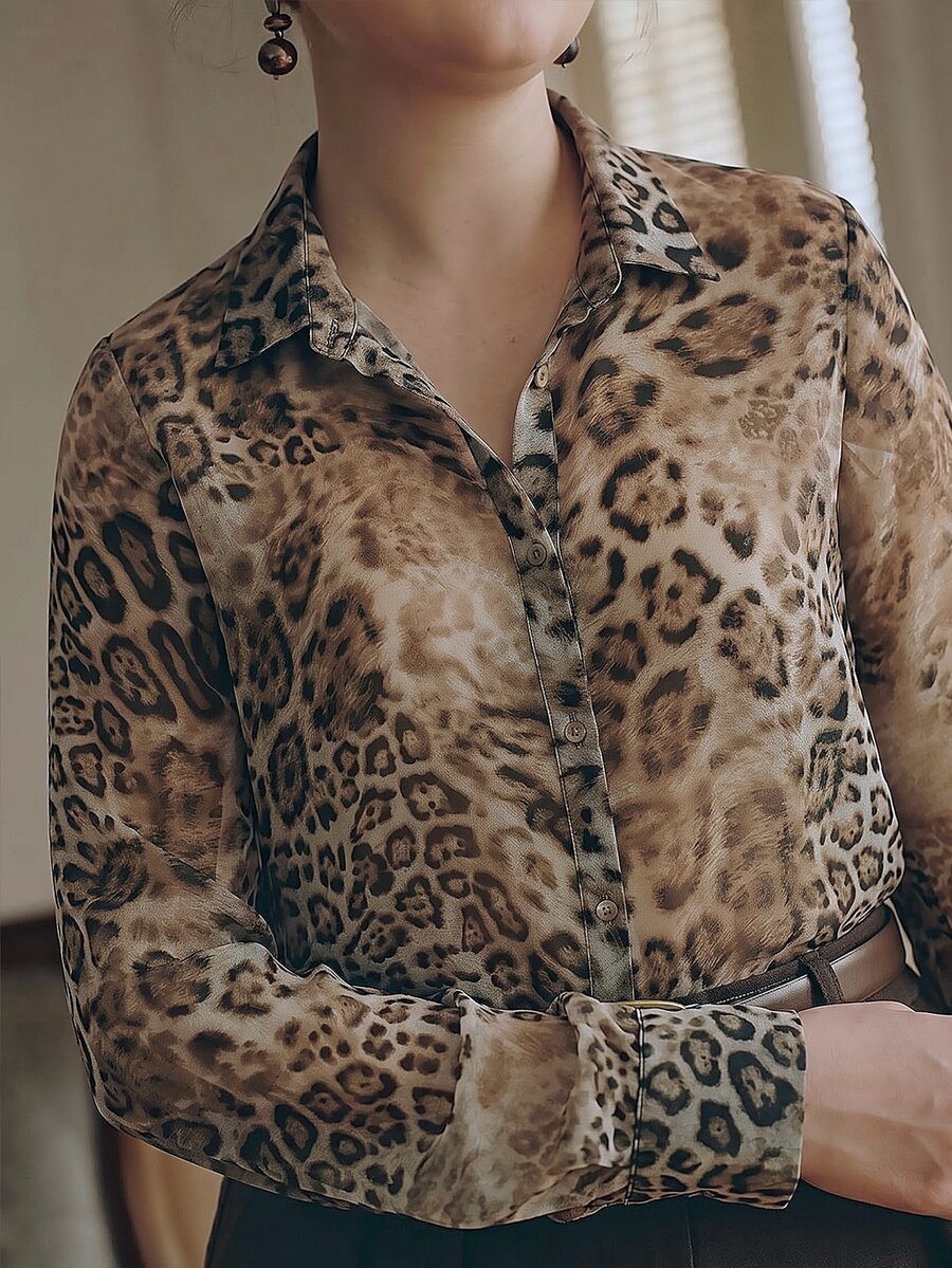 Anewsta Plus Size Women's Spring/Autumn Modern Fashion Versatile Leopard Print Loose Long Sleeve Shirt - Brown - View 1
