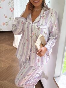 CottageSlumber Plus Size Romantic Striped Floral Print Petal Sleeve Collared Top And Long Pants Pajama Set - Mauve Purple - View 5