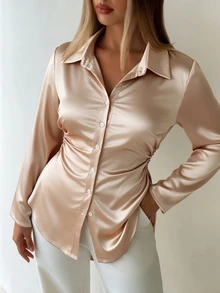 Cravure Plus Size Women's Autumn/Winter Cinched Waist Ruched Curved Hem Satin Fabric Elegant Commuter Blouse - Apricot - View 4