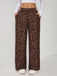 SHEIN EZwear Plus Size Women's Leopard Print Casual Wide Leg Pants With Waist Button Design - Brown - View 3