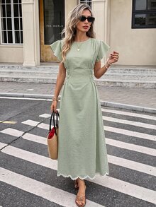 Serisse 女款格紋圓領荷葉邊短袖優雅長洋裝 - 彩色 - 查看 4