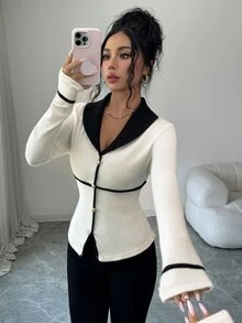 Elenzga French Style Black & White Colorblock Blazer Lapel Fuzzy Ribbed Single-Breasted Gold Button Cinched Cinched Waist Long Sleeve Top - Black and White - View 4
