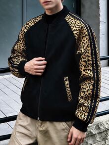Manfinity Dauomo Men's Leopard Print Patchwork Casual Daily Long Sleeve Jacket - Black - View 4