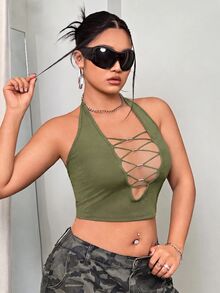 SHEIN ICON 大尺碼修身深V領串珠掛脖背心上衣 - 軍綠色 - 查看 3