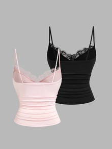 Sweetra Atasan Camisole Serbaguna Model Kerah Cowl dengan Patchwork Renda untuk Wanita Ukuran Plus Eropa - Berwarna merah muda - View 2