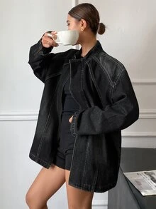 Livesso 女款西式復古做舊水洗褪色寬鬆長袖開領牛仔夾克外套 - 灰色 - 查看 5