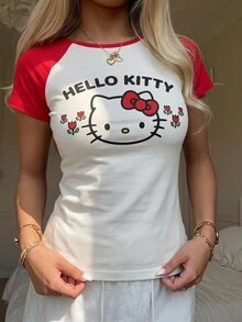 CovetEZ HELLO KITTY AND FRIENDS | SHEIN 女款卡通印花拼色短袖T恤 街頭度假風 - 白色 - 查看 5