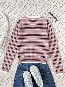 SHEIN 青少年女孩極簡純色V領長袖套頭毛衣，休閒日常穿著，秋冬長袖上衣，學院風V領長袖毛衣，復古V領毛衣，返校穿搭 - 粉色 - 查看 5