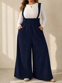 SHEIN CURVE+ جمبسوت نسائي مقاس كبير بلون موحد مع جيوب وتفاصيل مطوية، كاجوال للاستخدام اليومي، بساق واسعة، للخريف - أزرق بحري - مشاهدة 5